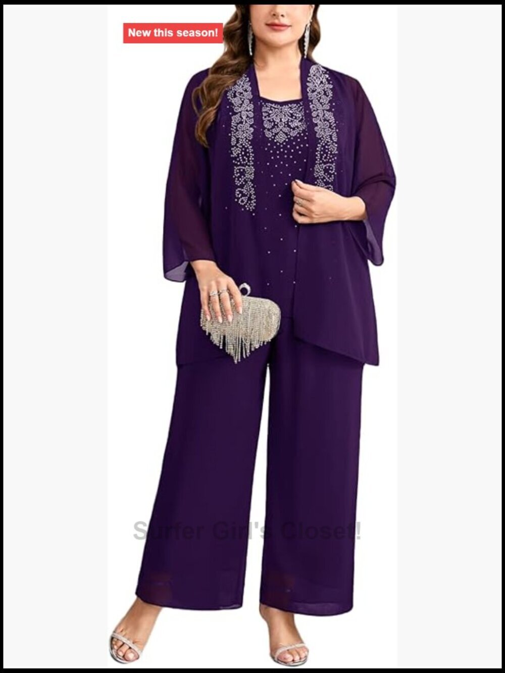 Plus Size 3 Piece Chiffon Pantsuit Rhinestone Embellished Formal Wedding Outfit